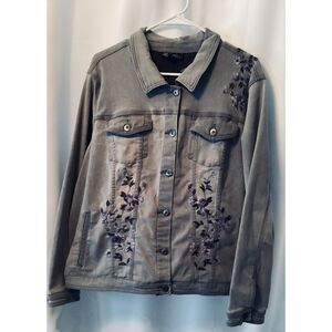 DG2 Diane Gilman Denim Gray Jacket w/ Purple Embroidery Flowers Size 1X